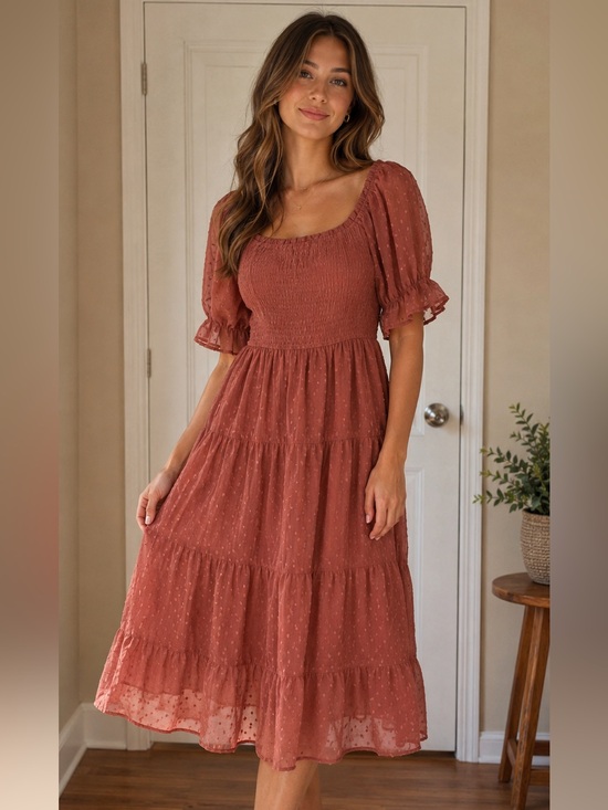 Merokeety Dresses & Skirts - Merokeety Smocked Puff-Sleeve Midi Dress in Dusty Rose NWT